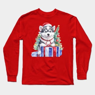 husky dog puppy celebrating Christmas Long Sleeve T-Shirt